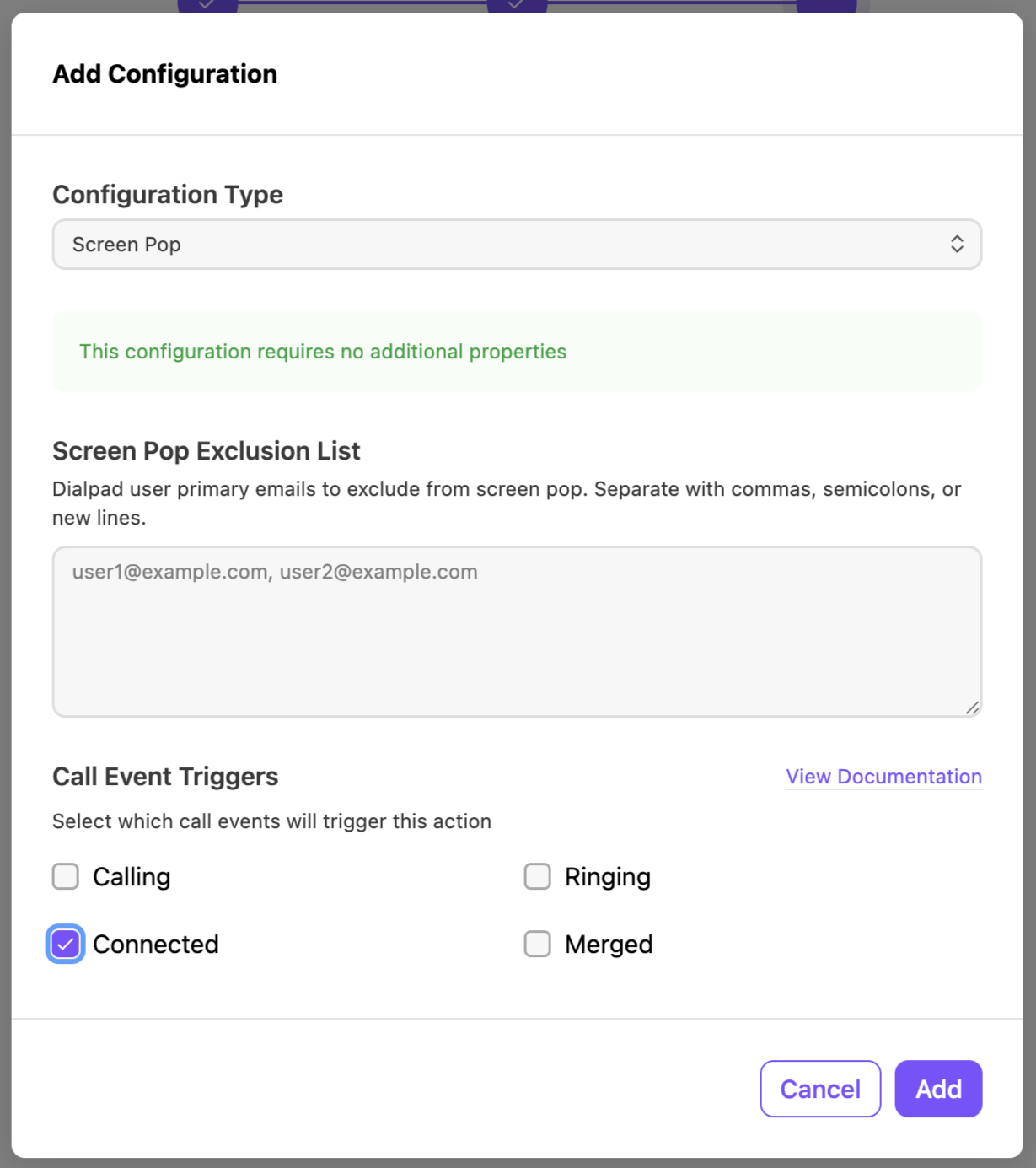 Configuration settings for screen pop, including exclusion list and event triggers.