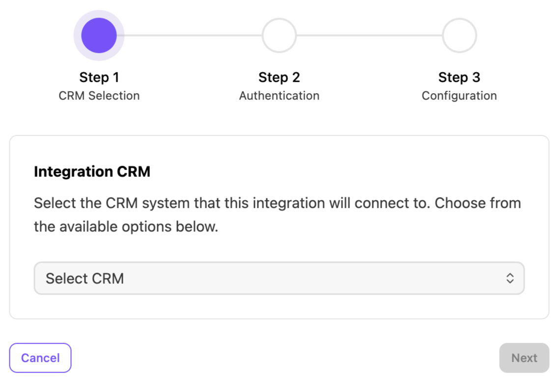 Step 1 of CRM integration process, prompting user to select a CRM system.