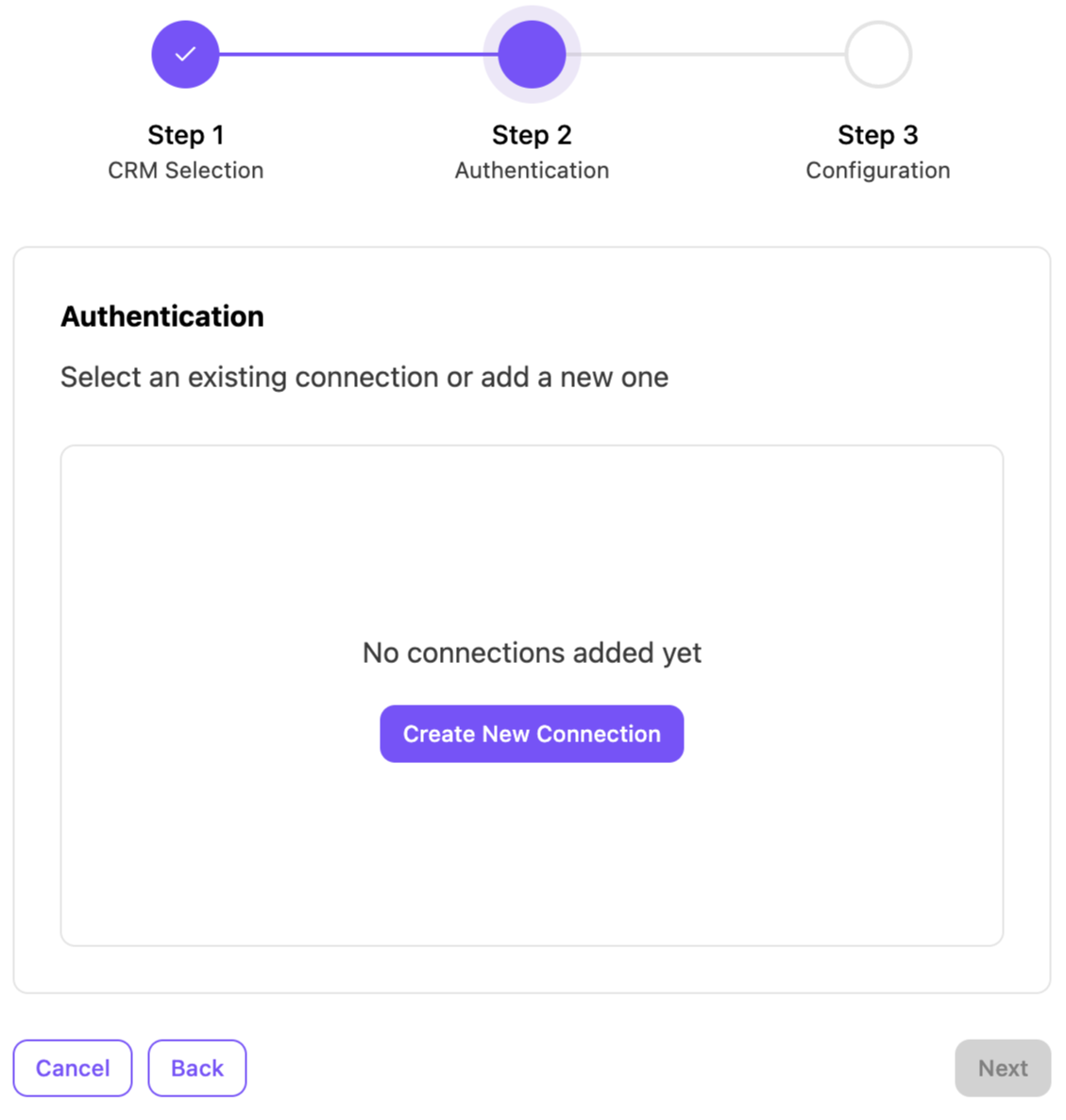 Authentication step for CRM connection setup with option to create a new connection.