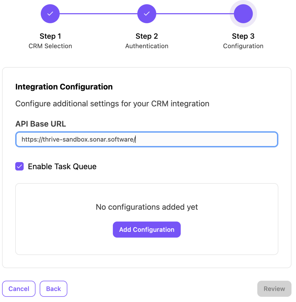 Configuration settings for CRM integration, including API URL and task queue options.