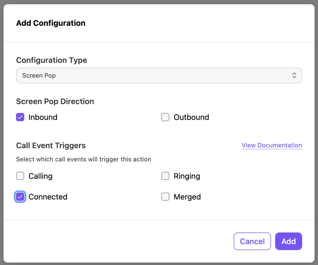 Configuration settings for screen pop direction and call event triggers in a CRM interface.