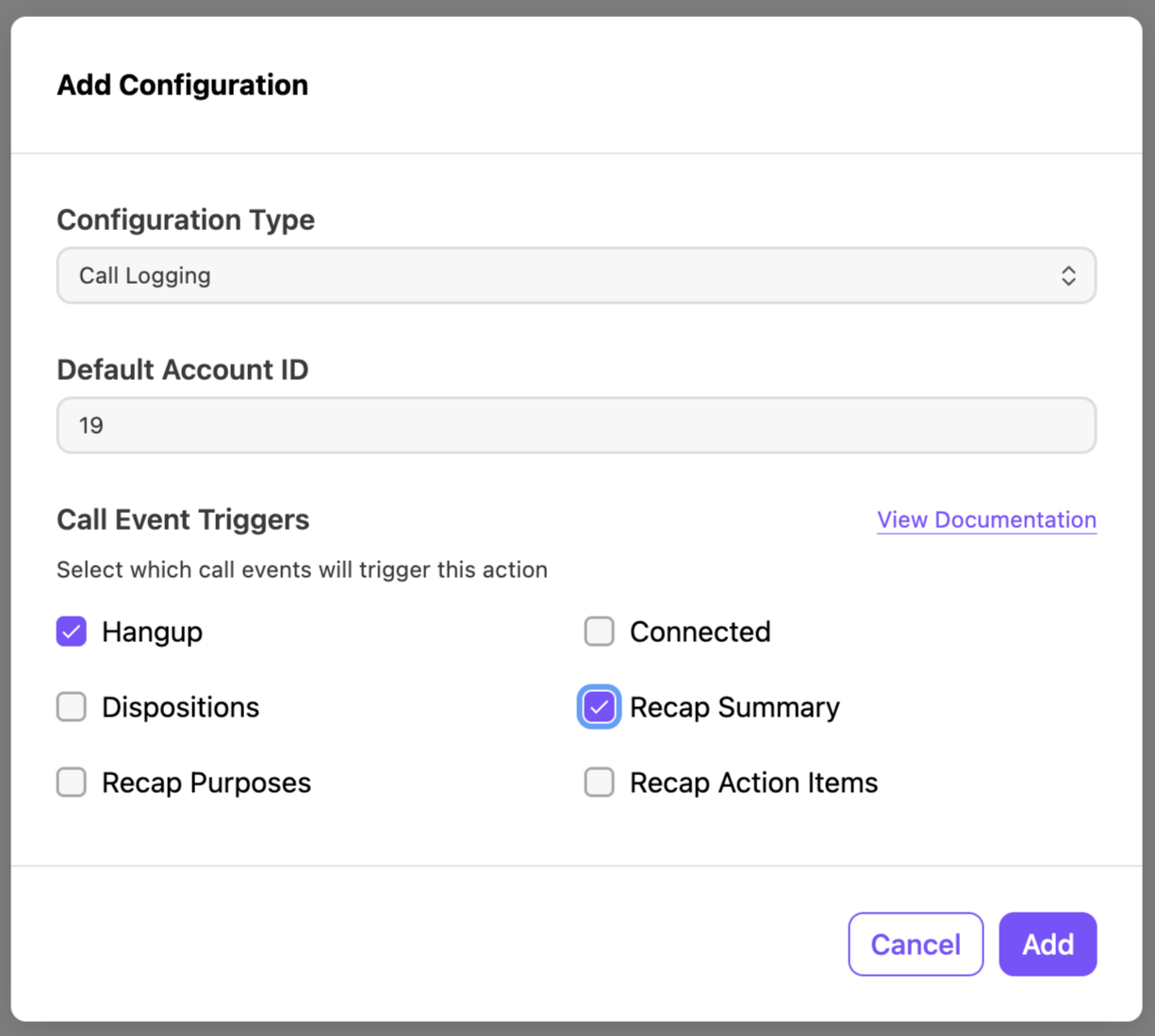 Configuration settings for call logging with event triggers and default account ID.