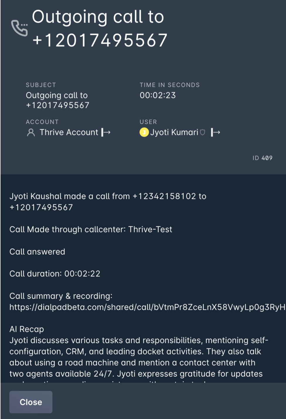 Details of an outgoing call including duration, user, and call summary.
