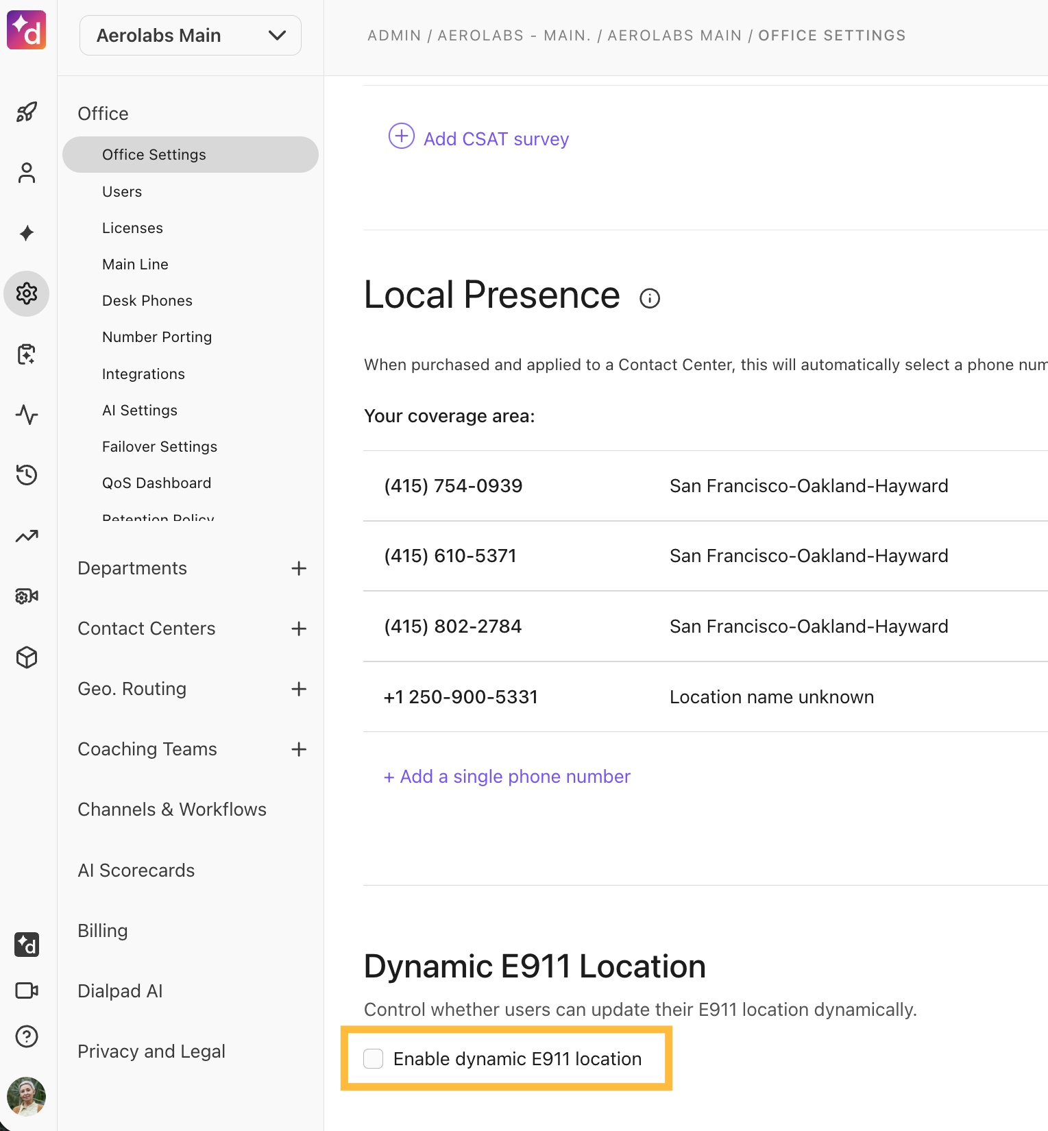 Settings page displaying local phone numbers and dynamic E911 location options for users.