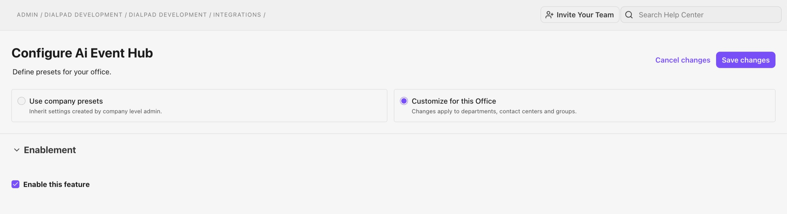 Settings page for configuring AI Event Hub with options for company presets and customization.