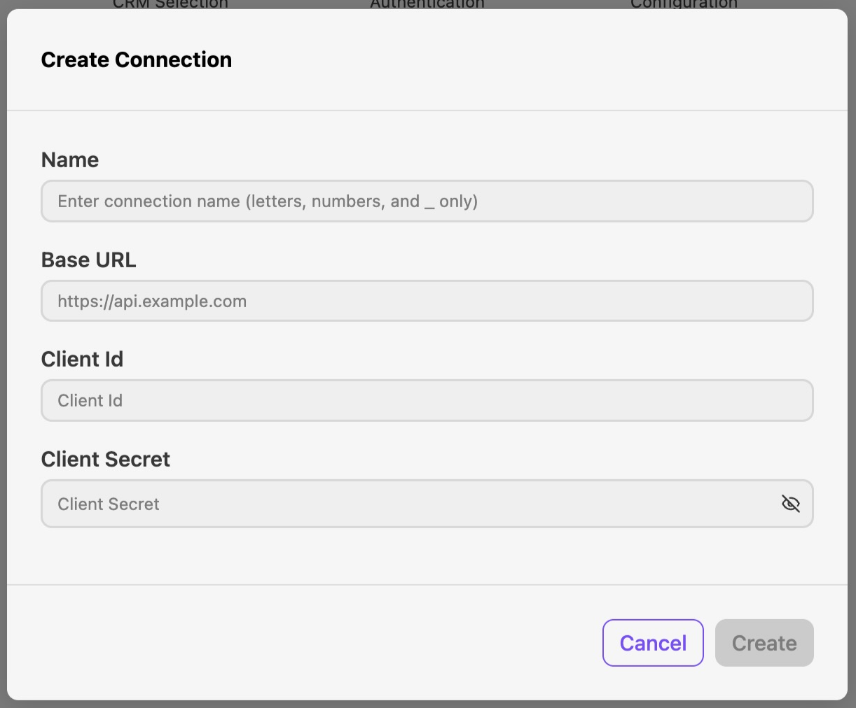 Form for creating a connection with fields for name, URL, client ID, and secret.