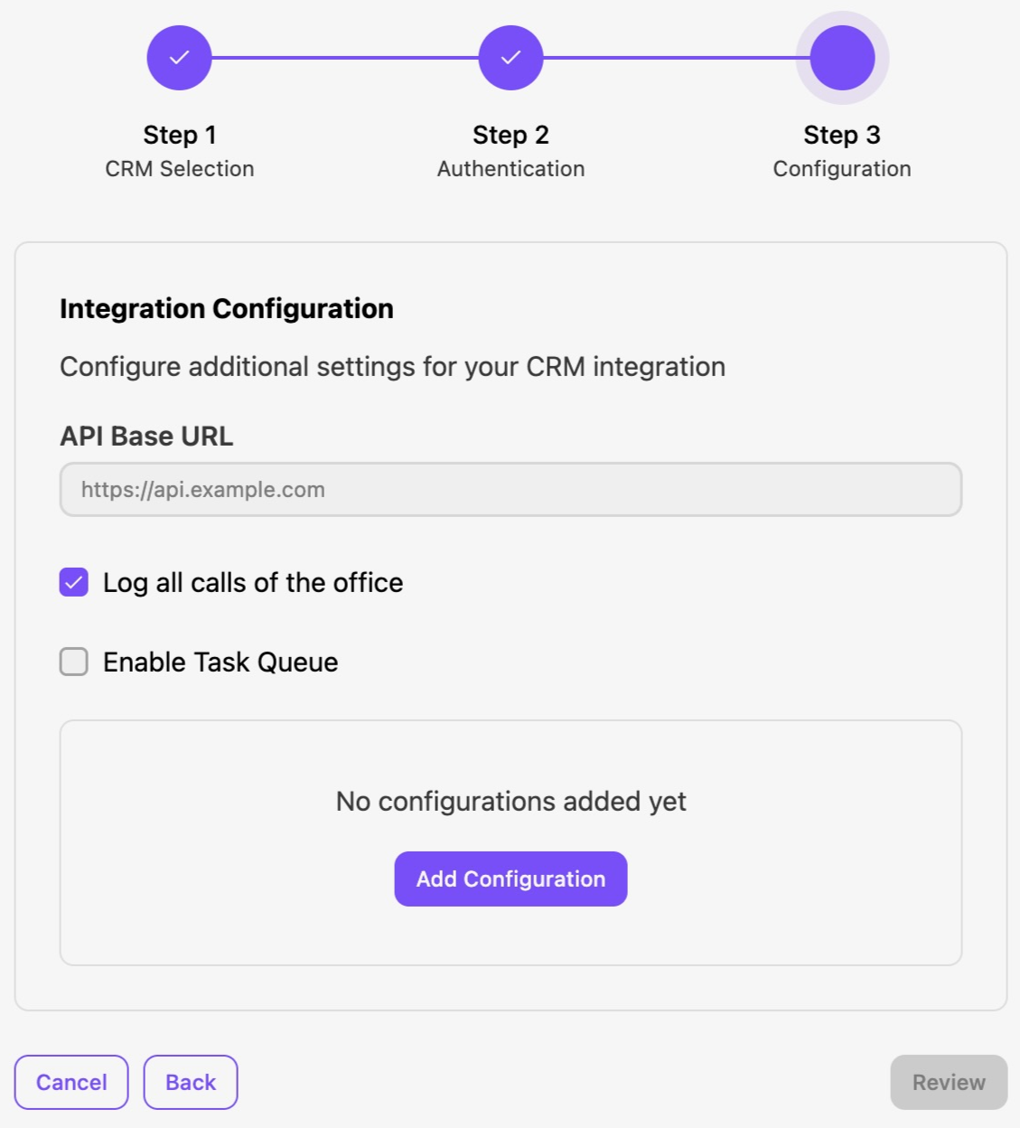 Configuration settings for CRM integration, including API URL and logging options.