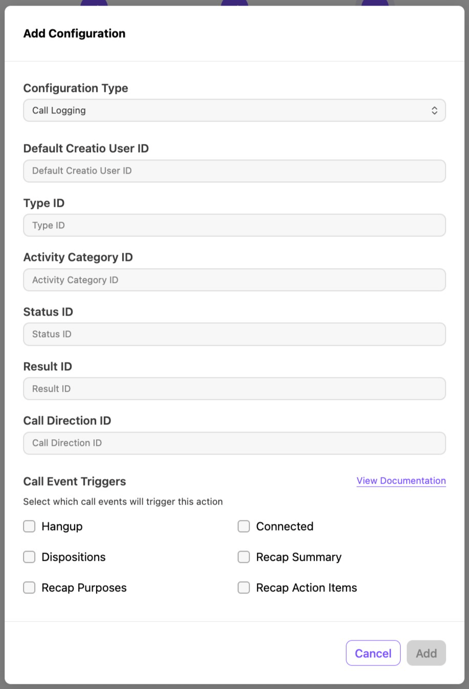 Configuration settings for call logging with various ID fields and event triggers.