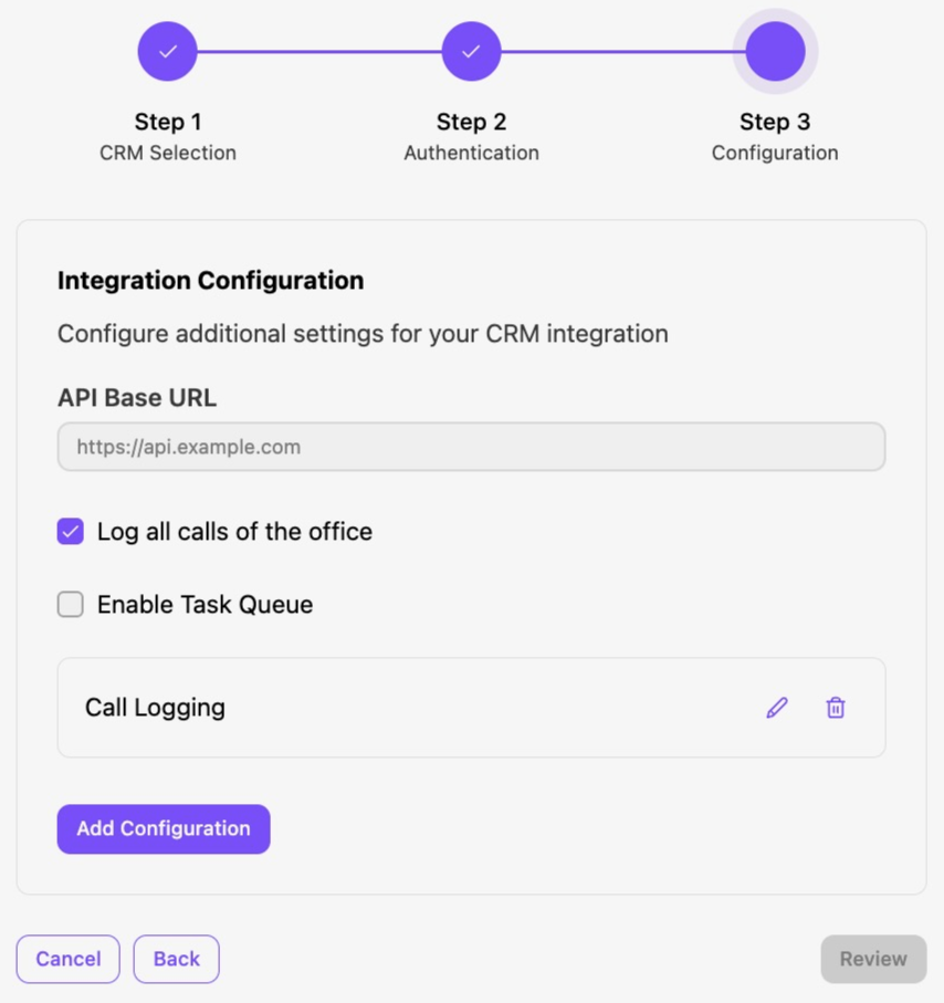 Integration configuration settings for CRM with options for call logging and task queue.