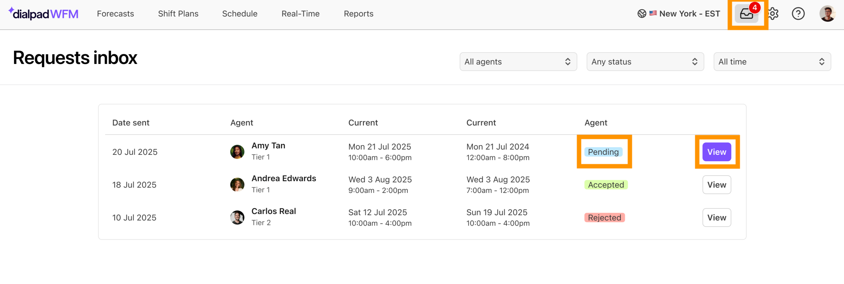 The pending request is listed in the requests inbox