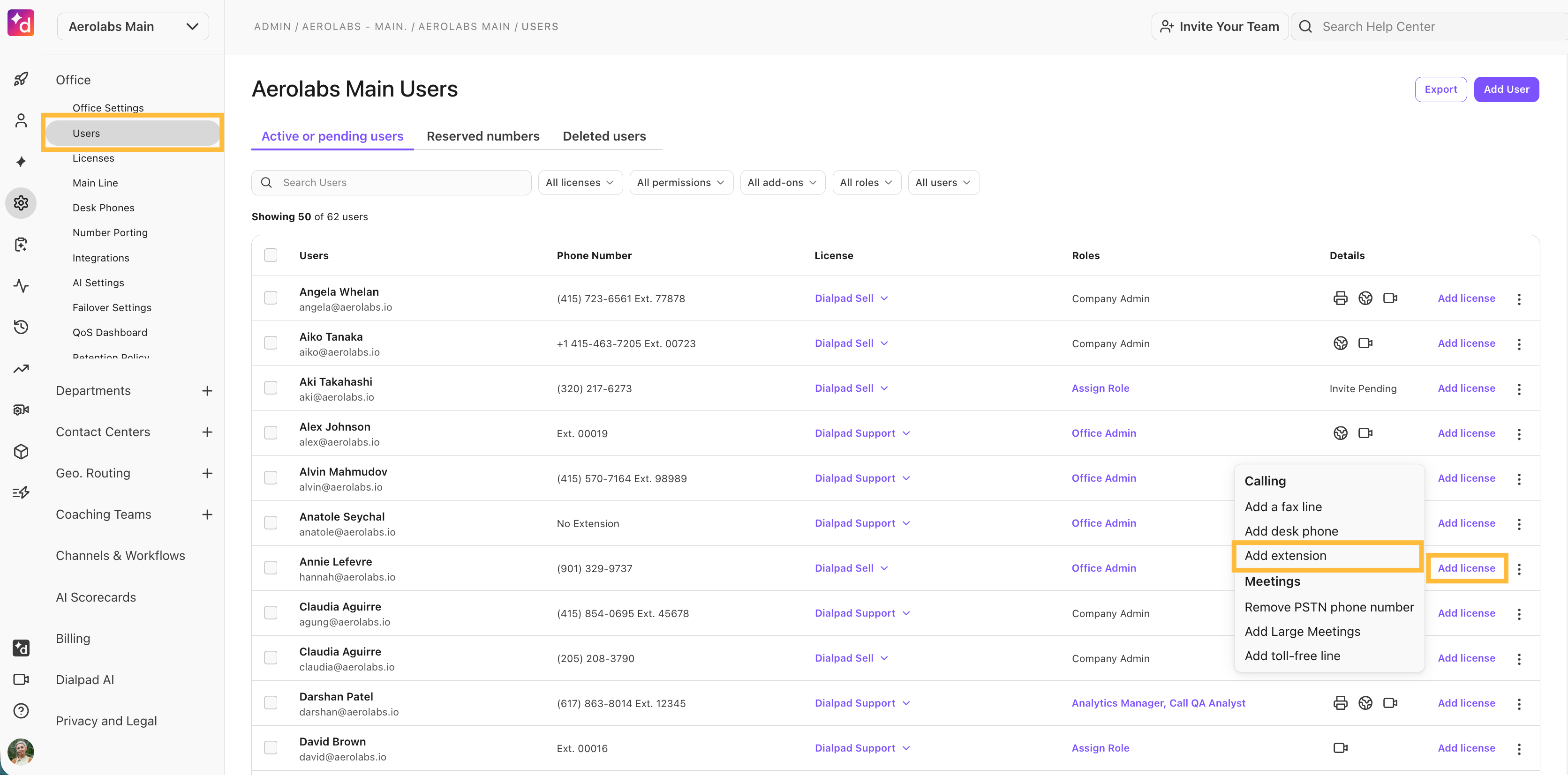 List of Aerolabs main users with their roles and contact information displayed.