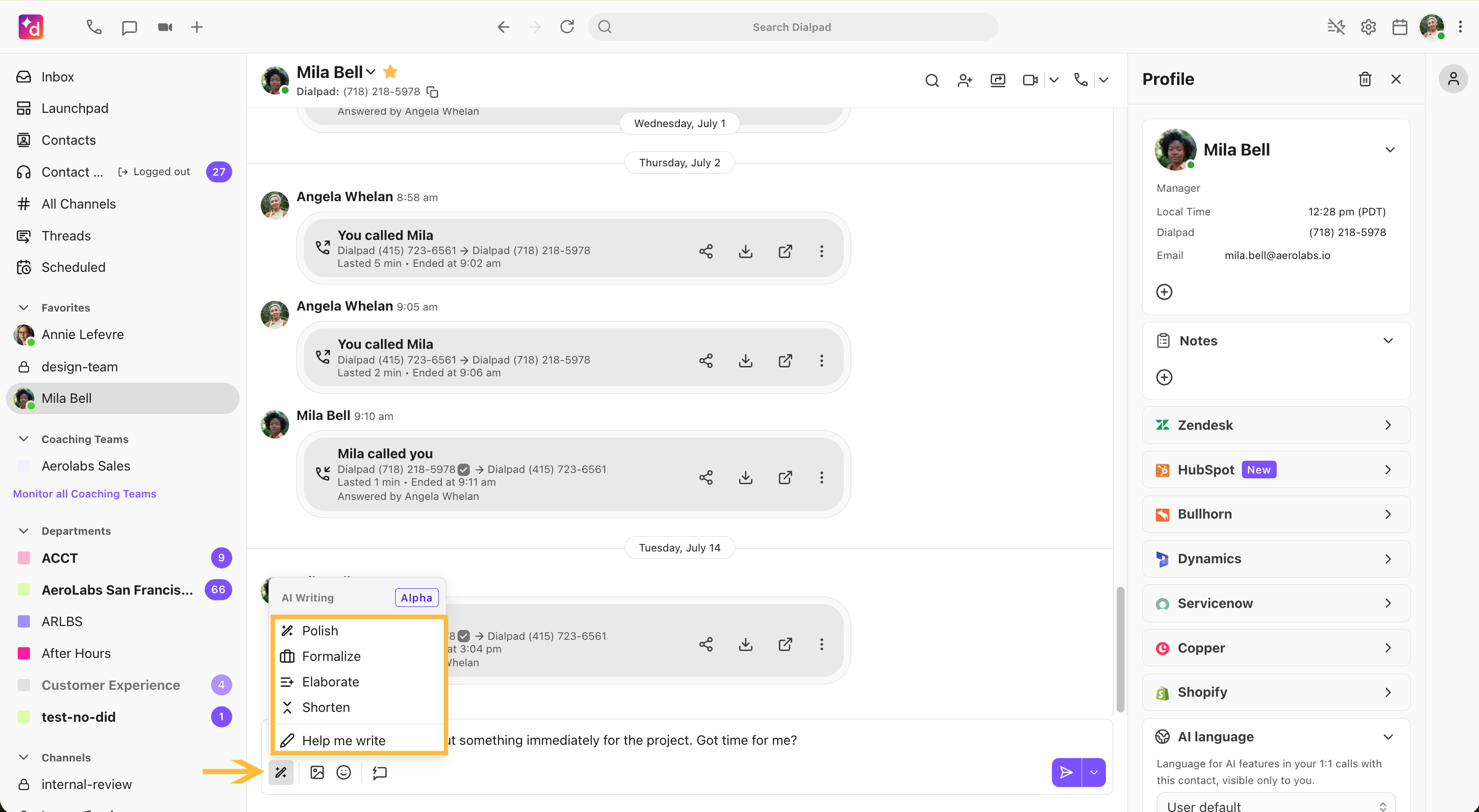 A user's contact details and recent call history displayed in a messaging interface.