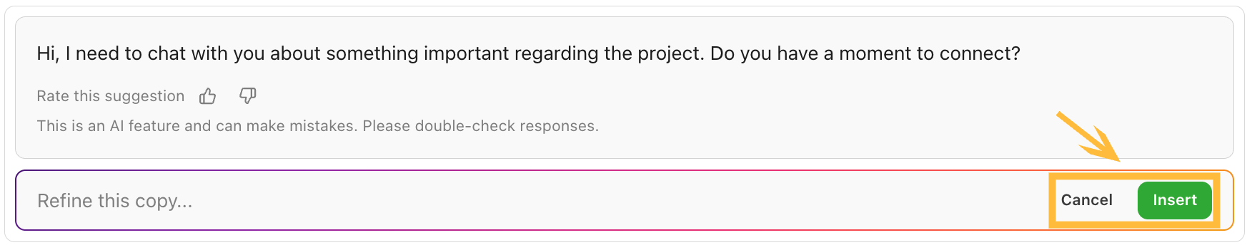 Message requesting a chat about an important project matter.