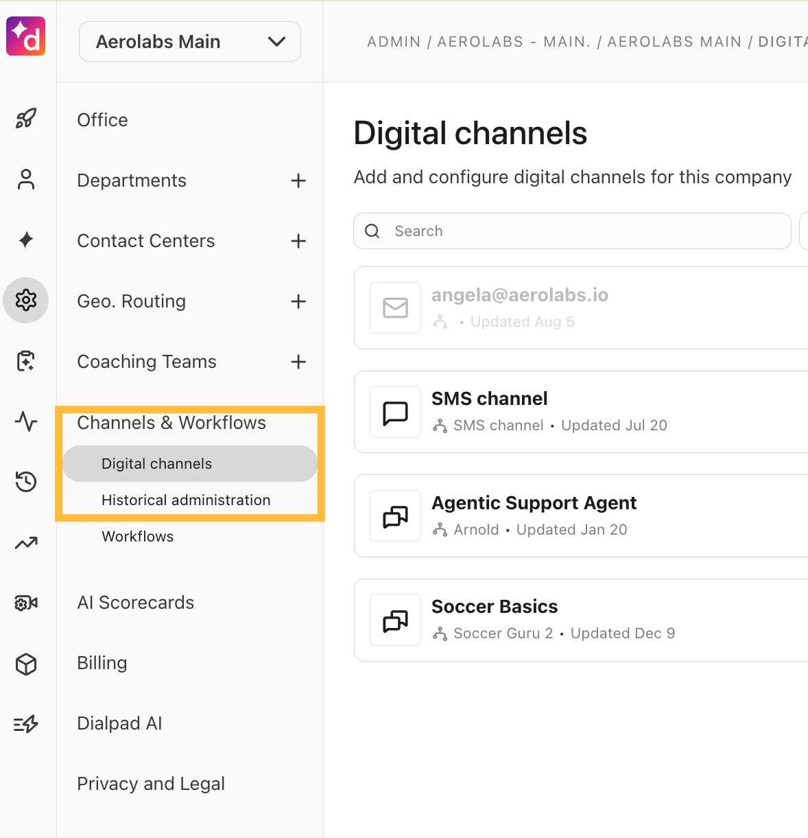 Overview of digital channels configuration options for Aerolabs, including SMS and support agents.