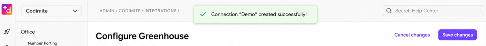 Greenhouse configuration page showing a success toast near the top with the message 'Connection Demo created successfully!'; the page shows Call Logging and SMS logging settings on the left and a Connections table on the lower right with a row for Demo and columns including Status, Author, Date Connected, Date Last Connected, and Operations.