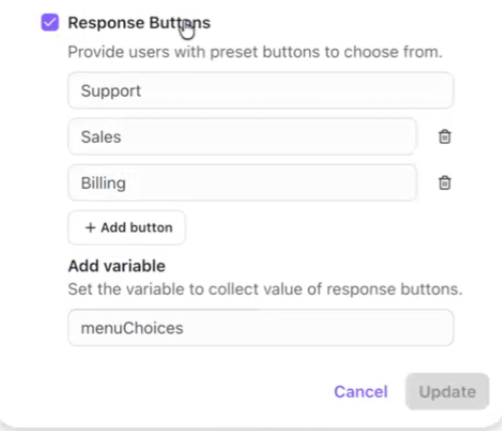 User interface for selecting message type and response options in a chat application.