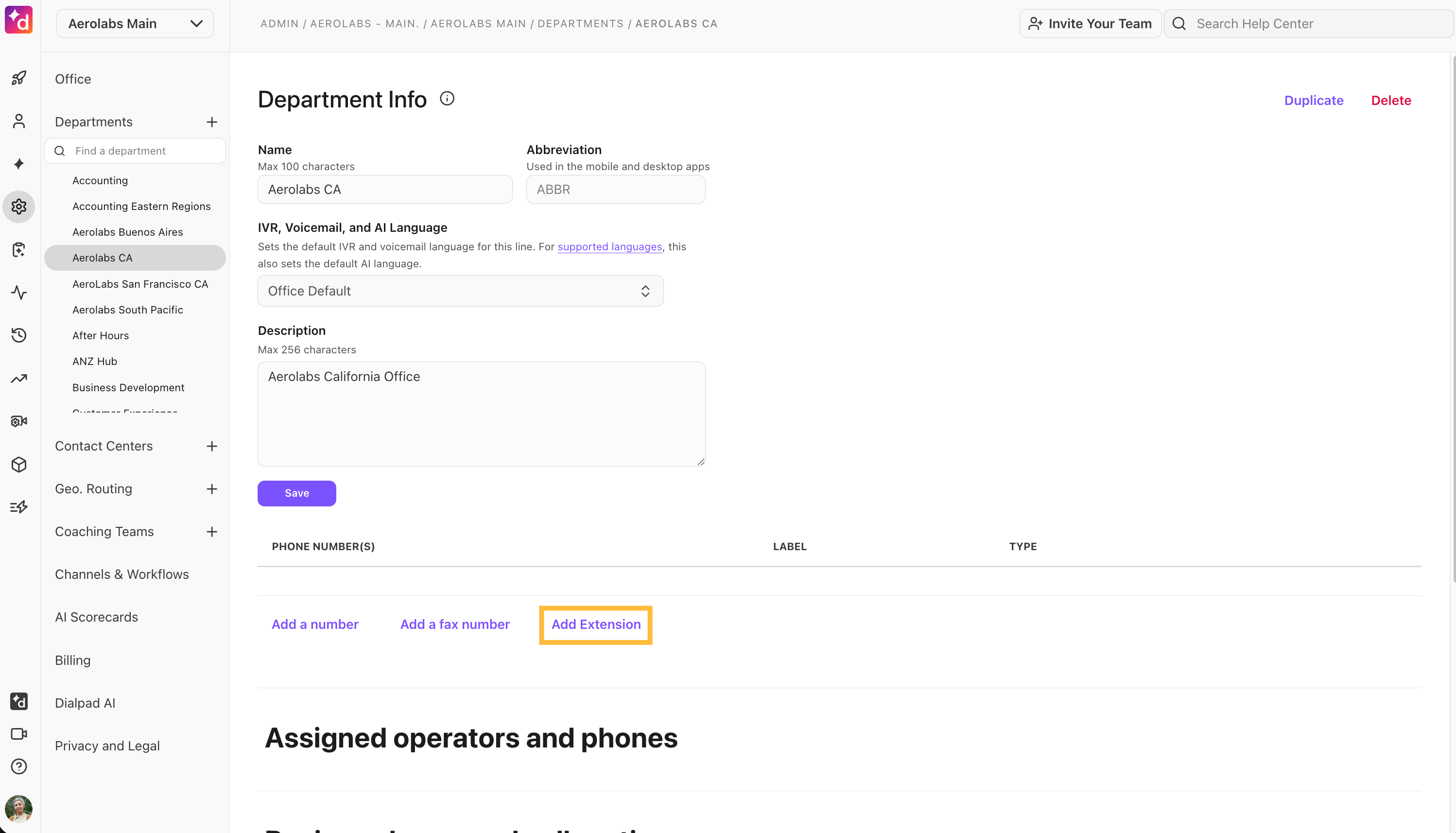 Department info for Aerolabs CA, including phone numbers and description fields.