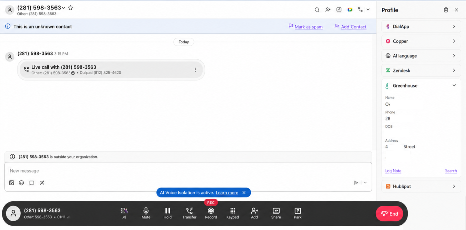 Dialpad app window with an incoming call; right sidebar shows a matched Greenhouse candidate profile — purple outer border