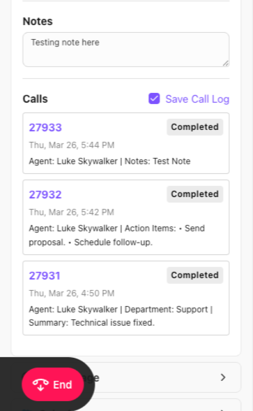 View of the Info Hub sidebar widget, with notes being added during a call.