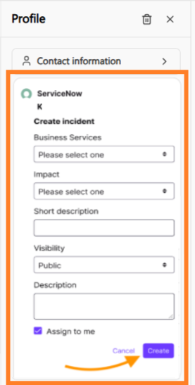 Profile interface showing incident creation options for Kevin Kare in ServiceNow.