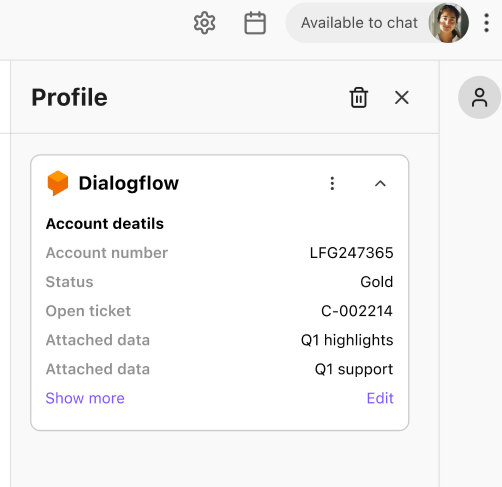 A chat view with an external contact. Their information is shown in the right-side panel from the Conversational Agent integration window.