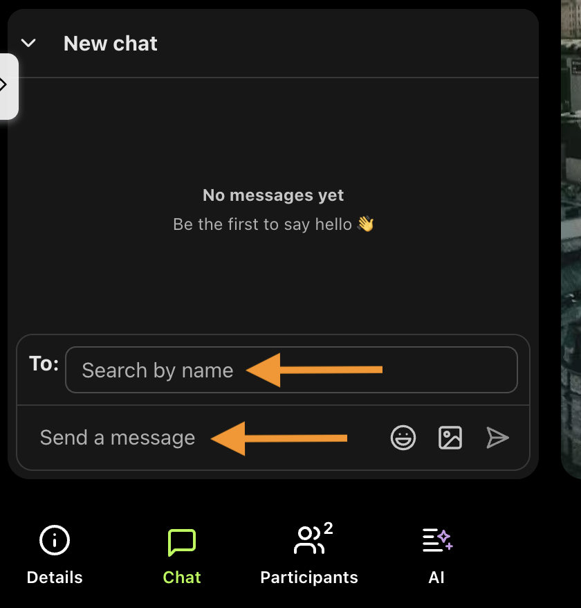 Chat interface showing options to search and send messages.