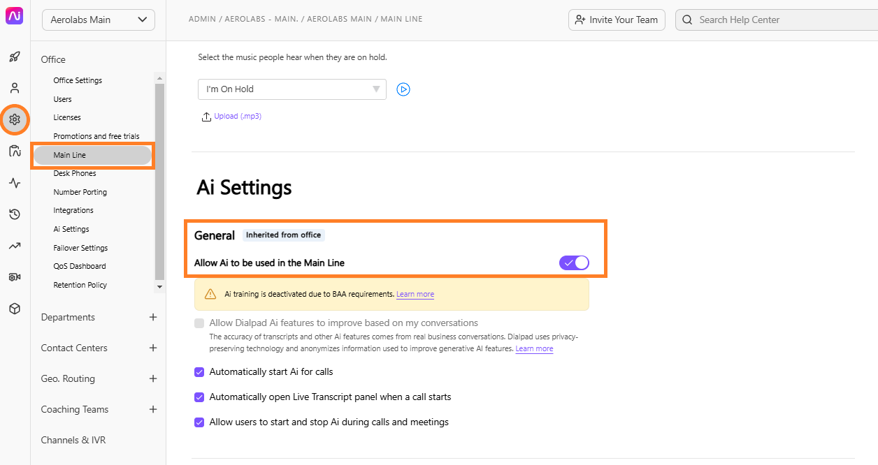 Settings page showing options for AI usage in the Main Line feature.