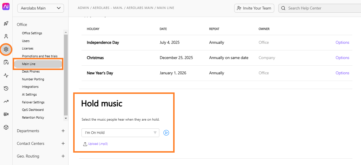 Settings for hold music selection and holiday schedule in the application interface.