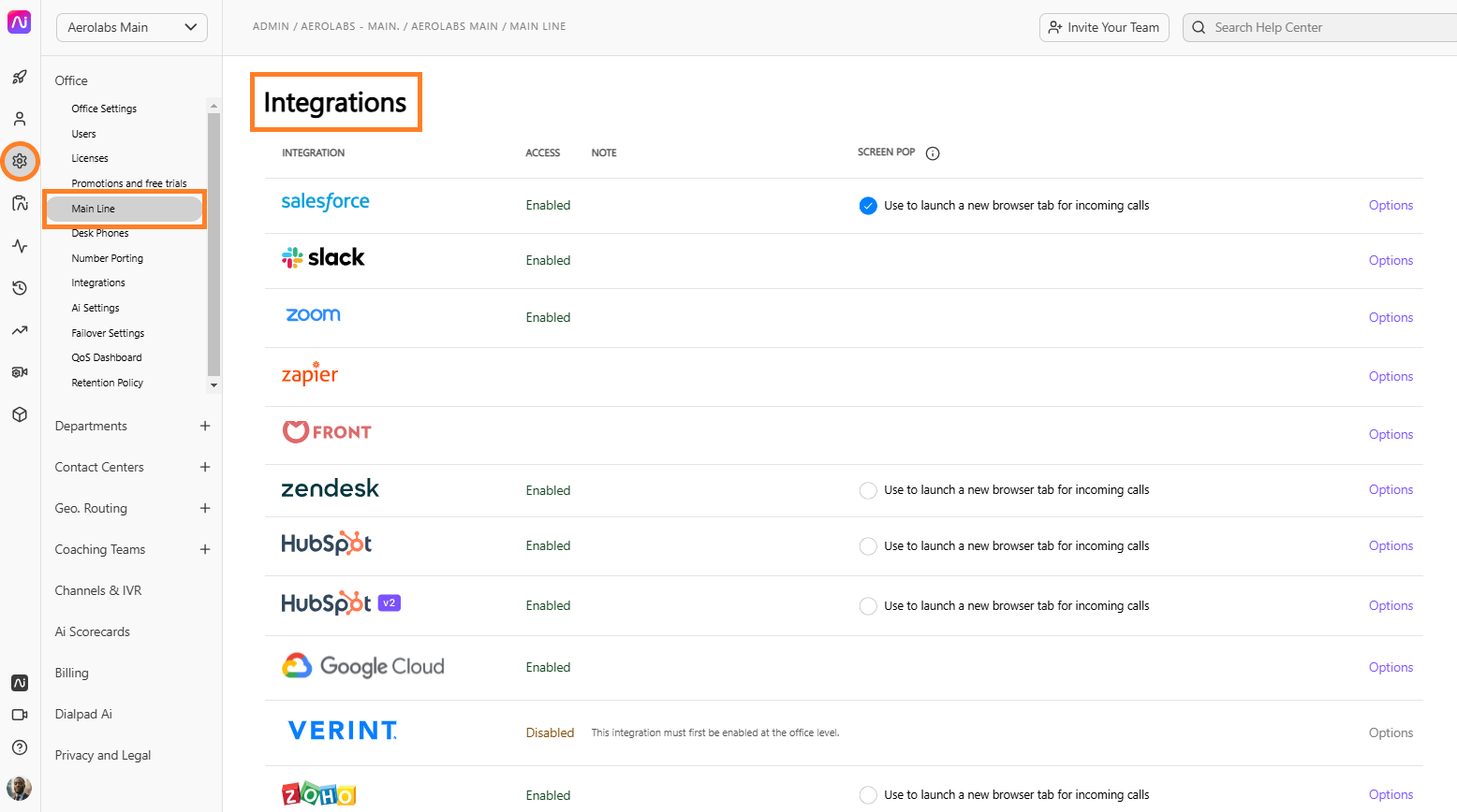 List of integrations with their access status and notes for each application.