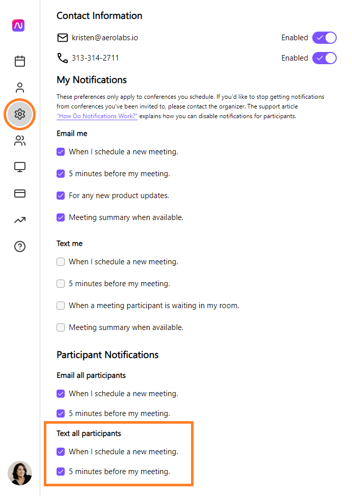 Settings for notifications including email and text options for meeting reminders.