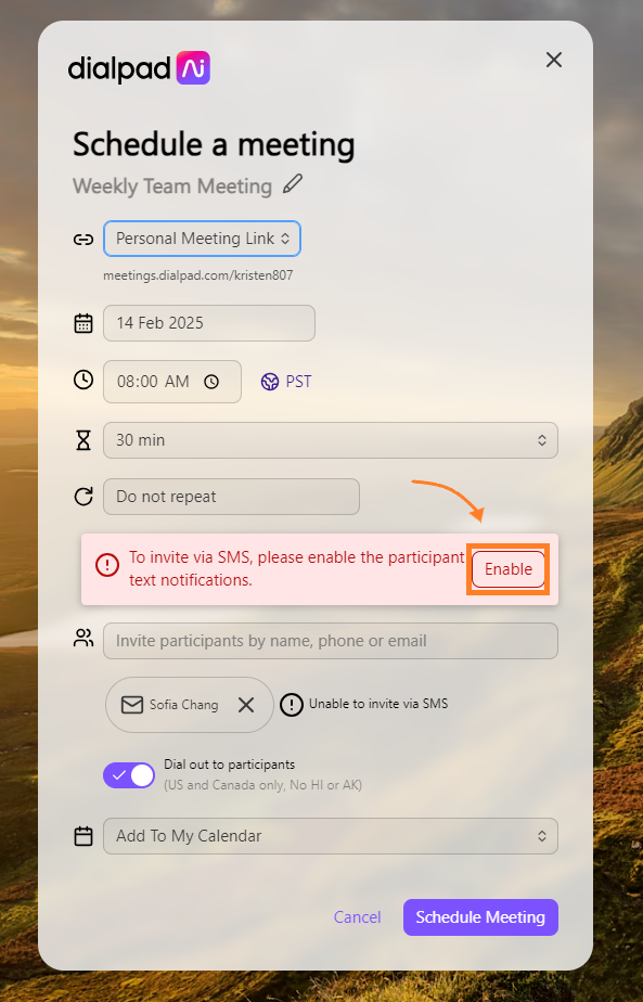 Meeting scheduling interface showing SMS invitation settings and participant details.