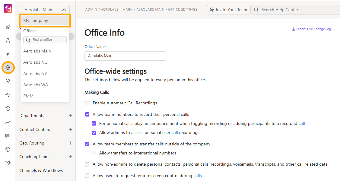 Settings page for office-wide call management options and permissions for team members.