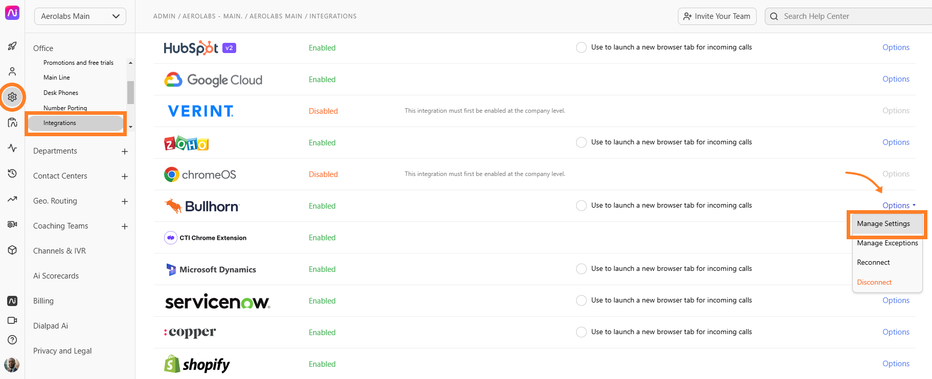 Settings menu showing various integrations with options to manage settings and exceptions.