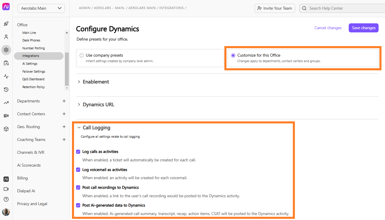 Settings for call logging and integration options in Dynamics configuration interface.