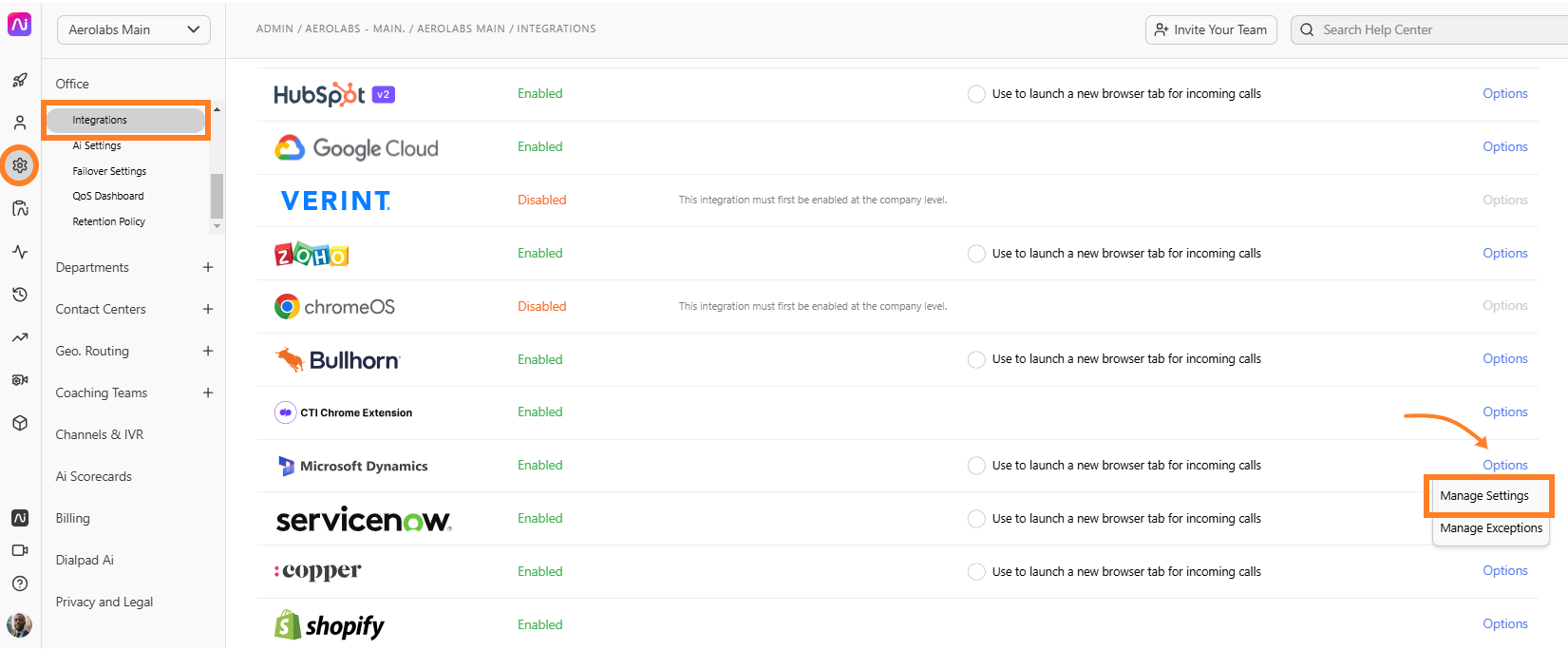 Integration settings page showing various enabled and disabled integrations with options.