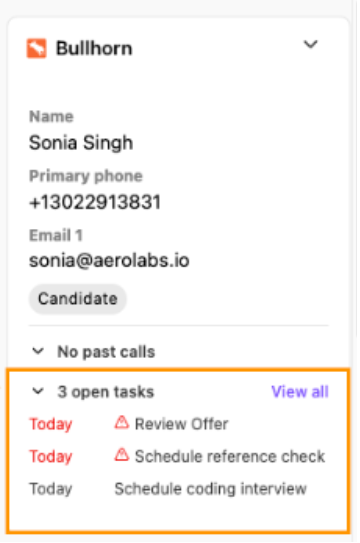 Candidate profile for Sonia Singh with three open tasks listed for today.