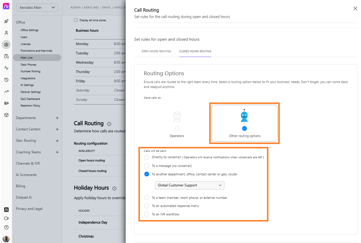 Call routing options for managing open and closed hours in the system settings.