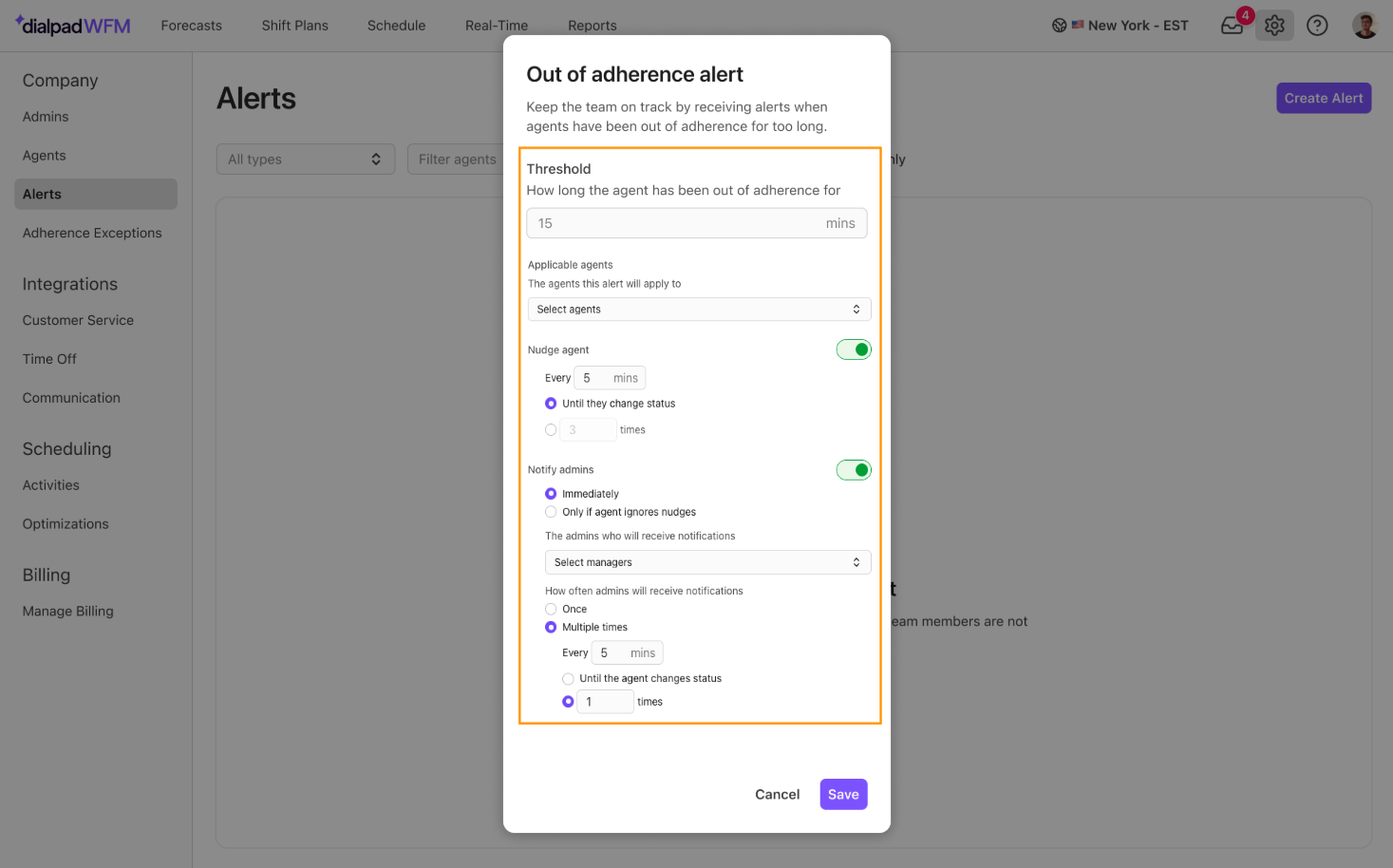 Settings for out of adherence alerts, including thresholds and notification options.