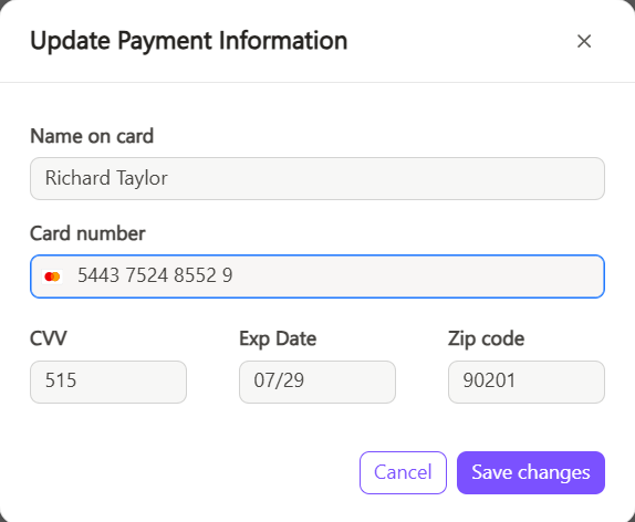 Form to update payment information including card details and expiration date.