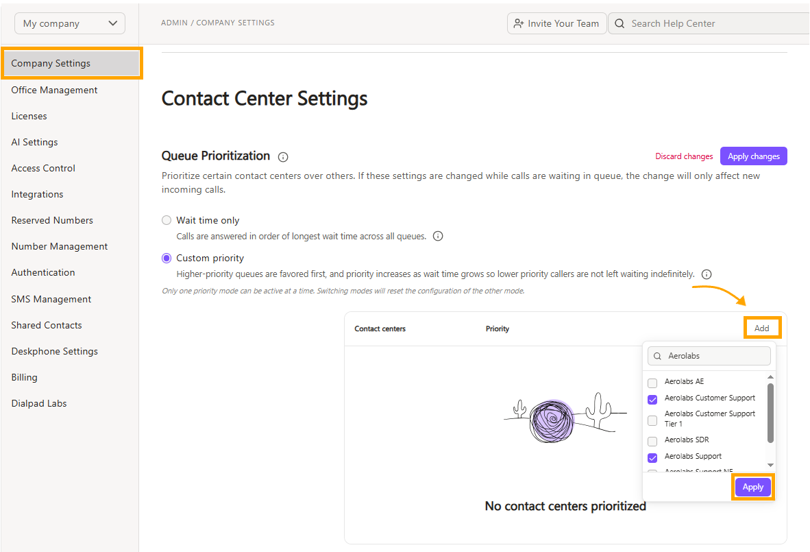 Settings page for prioritizing contact centers with options for queue management.