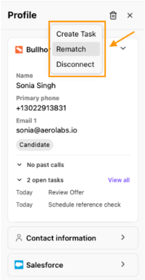 Profile details for Sonia Singh, including options to create tasks and rematch.