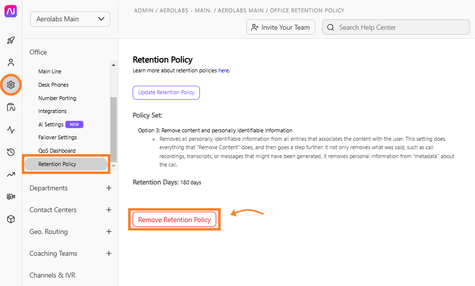 Settings menu showing retention policy options and removal instructions for user data.