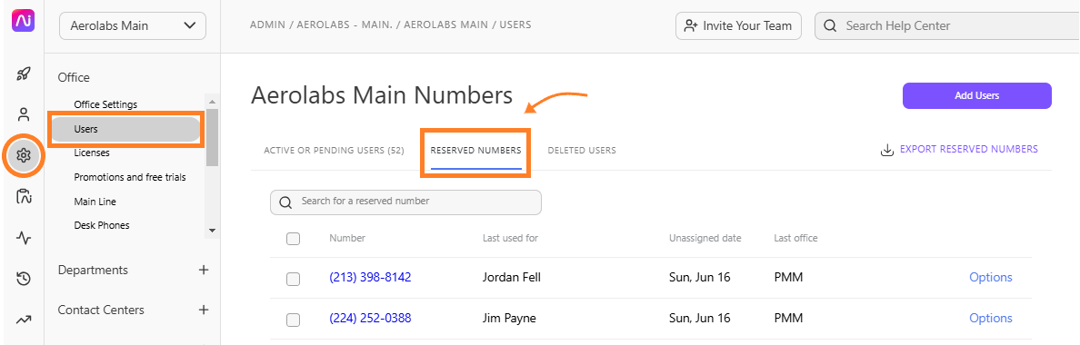 Aerolabs interface showing reserved numbers and user management options.