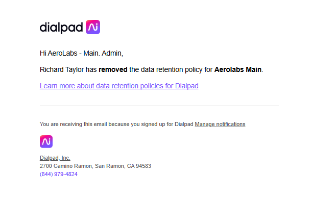 Email notification about data retention policy removal for AeroLabs Main by Richard Taylor.