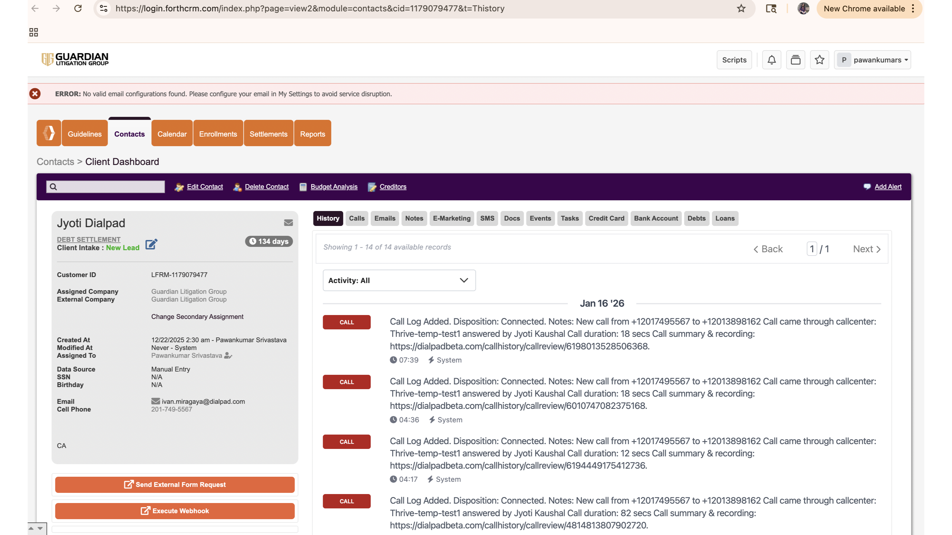 Client dashboard displaying call logs and contact details for for a customer.