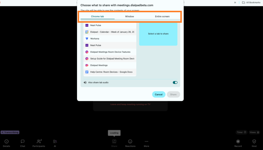 Screen sharing options in a meeting interface, highlighting Chrome tab and Window selections.