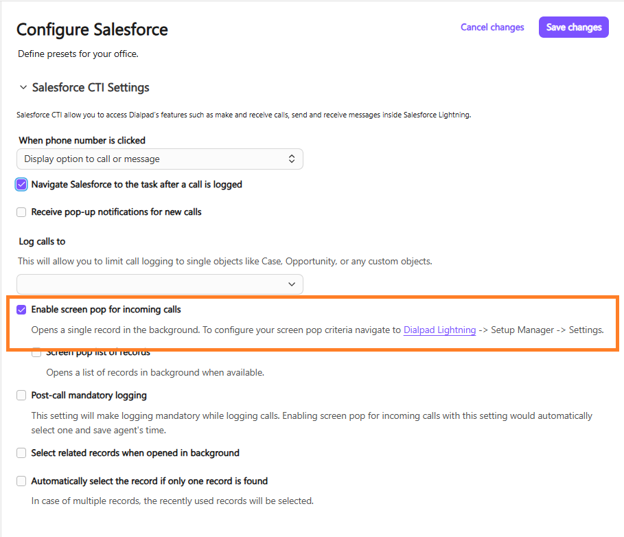 Salesforce settings for enabling screen pop for incoming calls and related configurations.