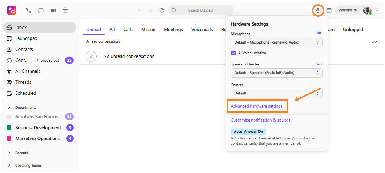 Settings menu showing audio options and advanced hardware settings for a communication app.