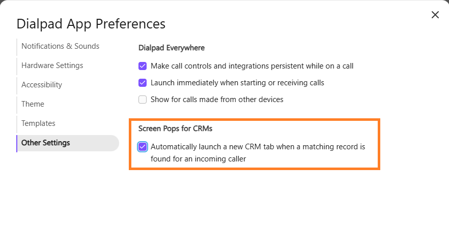 Dialpad app preferences showing settings for screen pops for CRMs and other options.