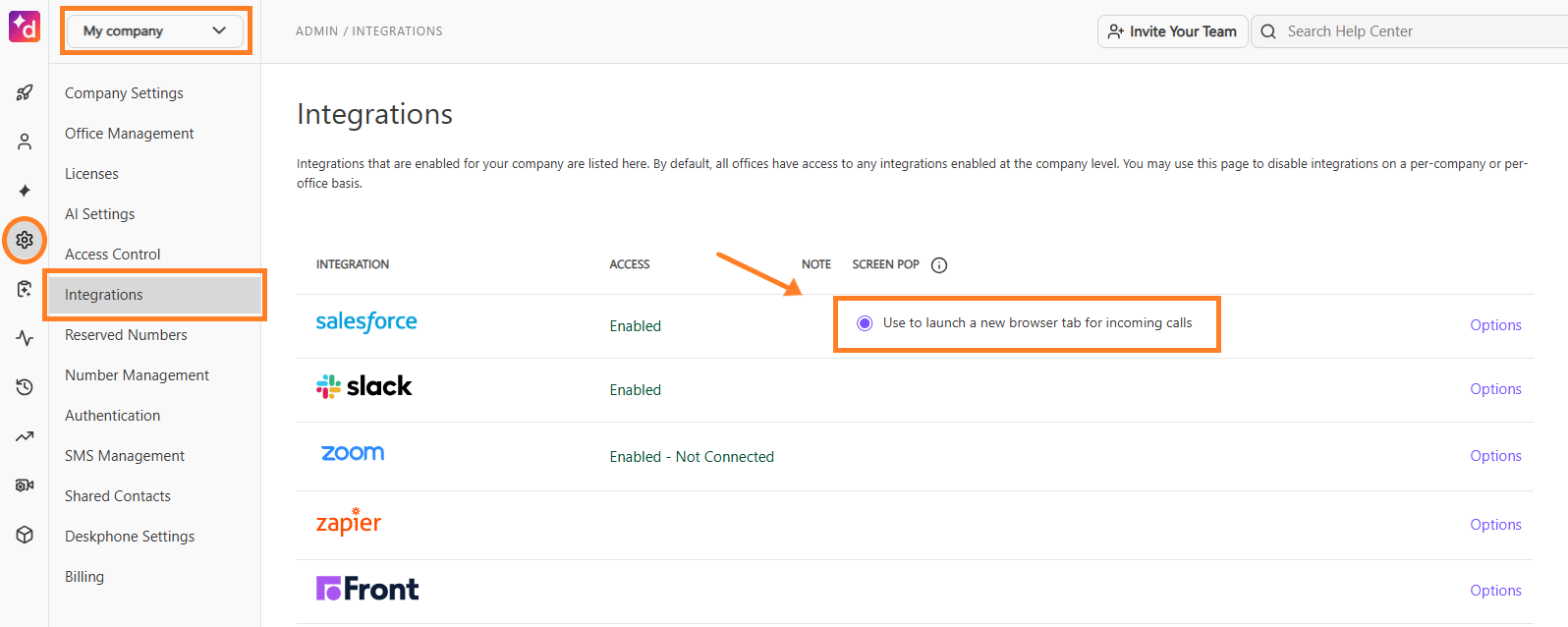 Integration settings for various applications, highlighting Salesforce and its usage note.